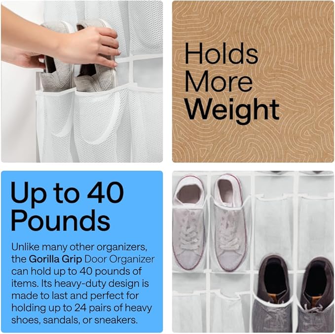 GORILLA GRIP Over the Door Shoe Organizer, 24 Extra Large Breathable Mesh