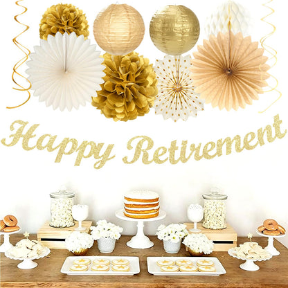 Beige-Gold Happy Retirement Party Decorations Banner Women Men Huglony