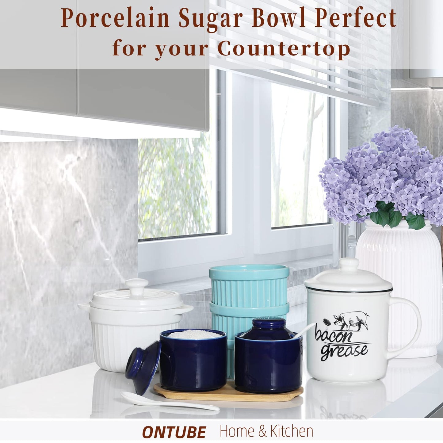 ONTUBE Ceramic Sugar Bowl with Tray and Spoon Set of 2, 8oz (Navy)