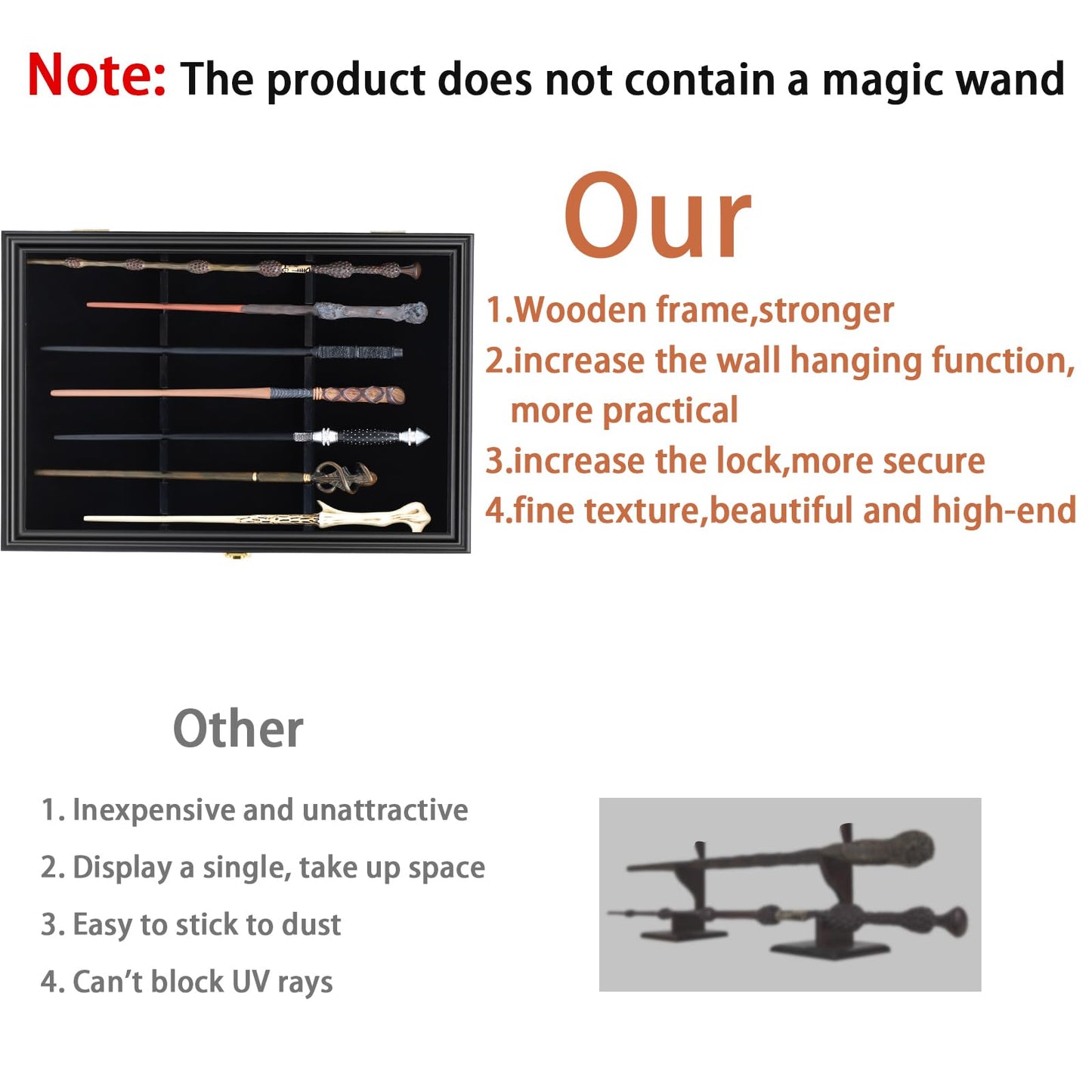 Grhonior 7 Wands Display case Universal Wizard Magic Wand Stand Wall Mount Lockable Wood magiquest Wand Vertical Hanging Holder Box Rack for Wand Collection