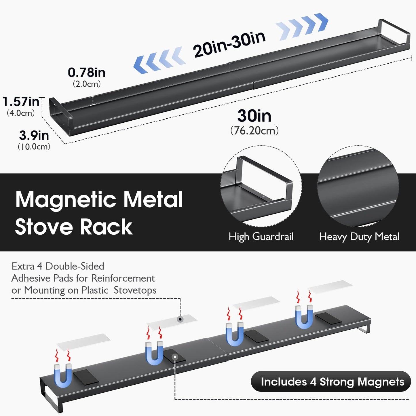 Bumusty 4X Strong Magnetic, 30" Adjustable Low Profile Oven Shelf Spice Rack Over the Stove, Seasoning Organizer Kitchen Shelves, Matte Black size Low Profile