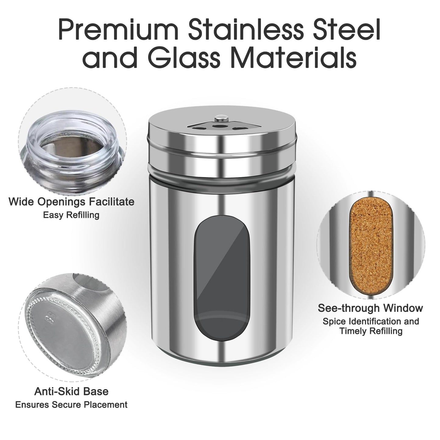 4 PCS Stainless Steel Salt and Pepper Shakers with Adjustable Pour Holes – Elegant Glass and Metal Spice Shakers for Coarse, Kosher, Sugar, Cinnamon, and Spices