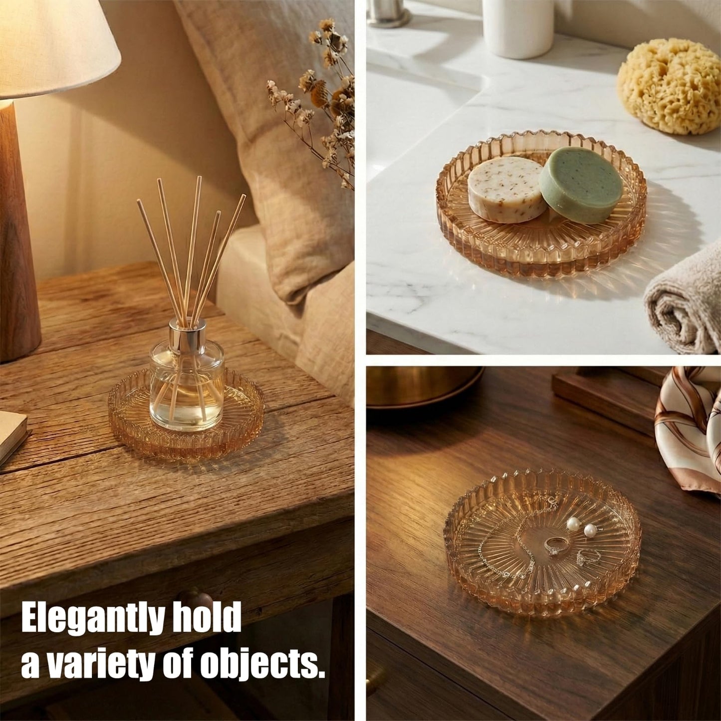 3PCS Amber Ribbed Glass Jewelry Tray, Coasters & Pillar Candle Holders