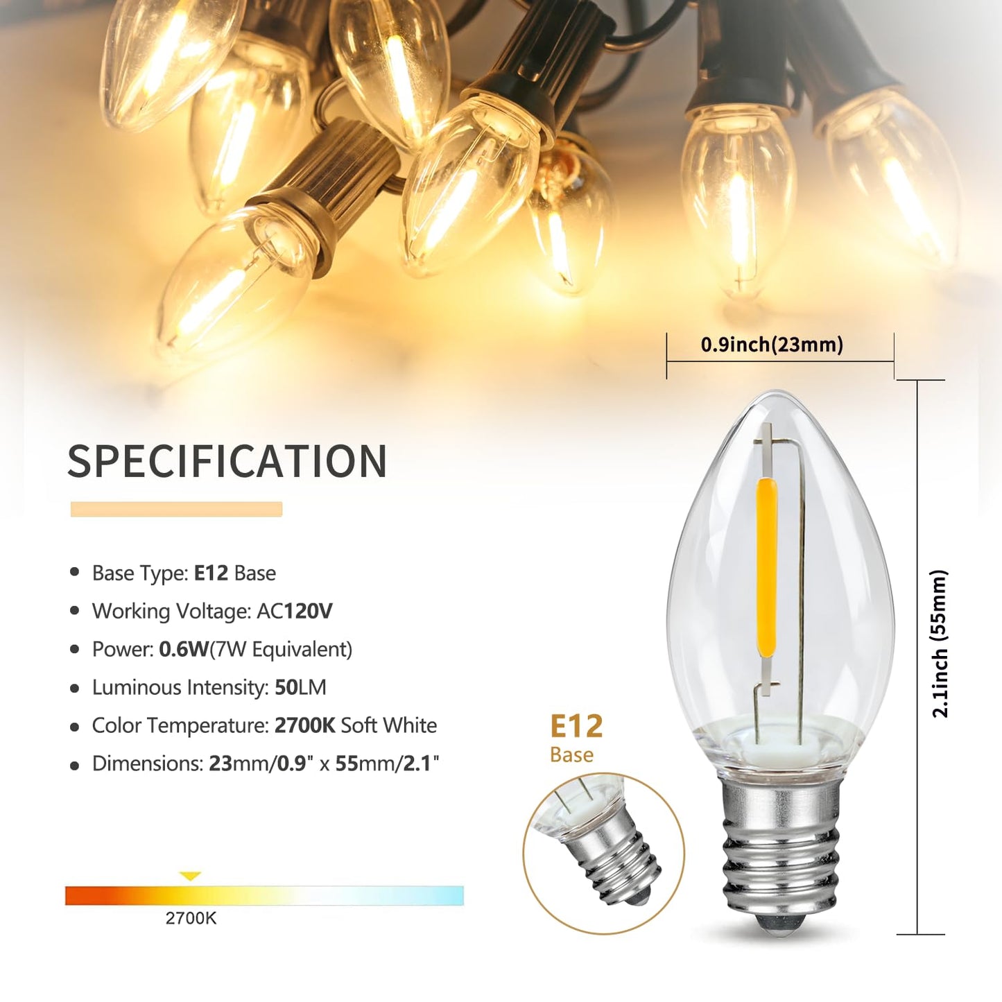 2 Pack Accessory Cord with 2 C7 Led Light Bulb Candelabra-Base E12 Socket White Cord with On/Off Switch Plugs for Holiday Decorations Christmas Village House