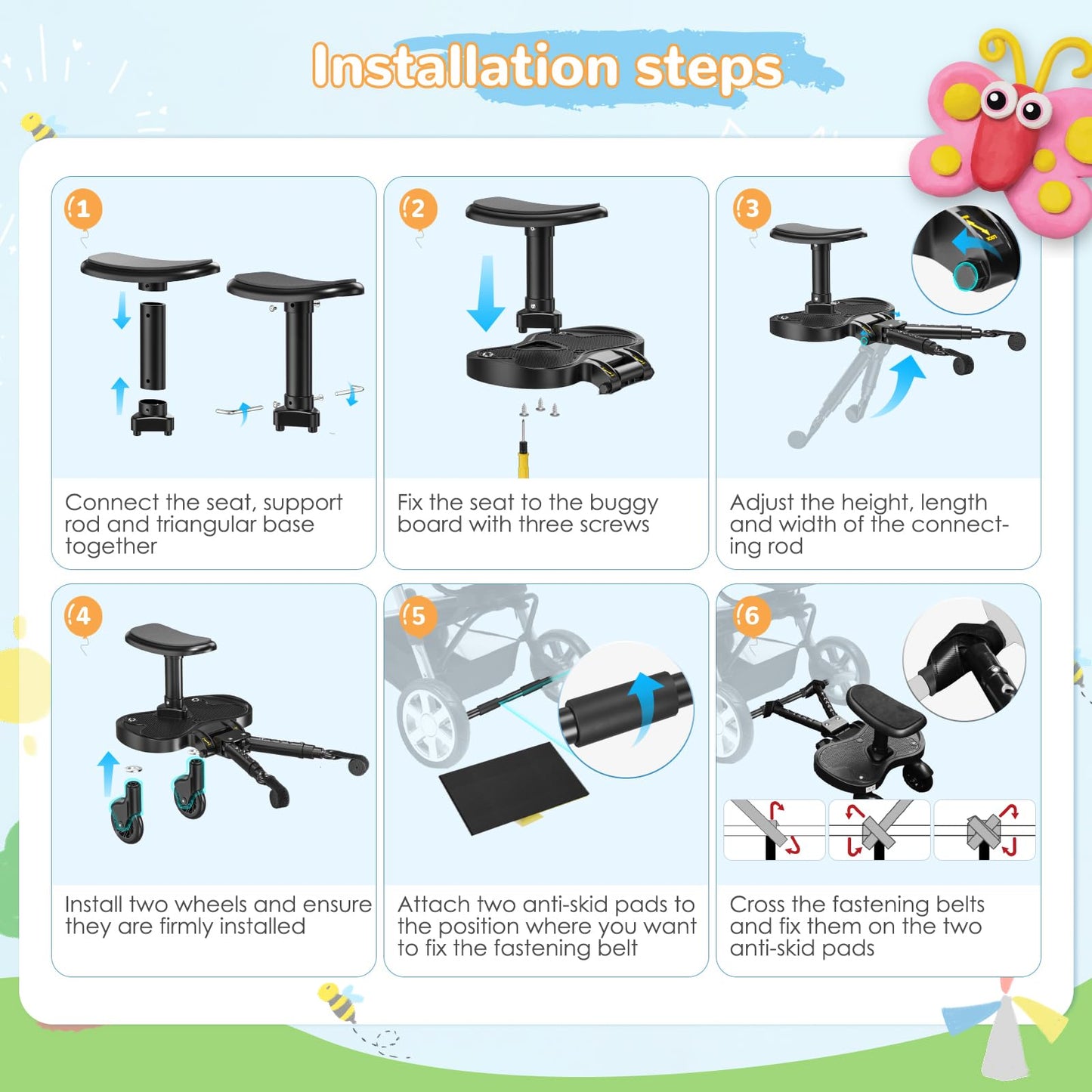 BugyKido Buggy Board, Universal Buggy Board with Seat for Children, Baby Kiddy Board, Stroller Accessory from 2-6 Years (25 kg), for Over 99% of Baby Carriages, Black Wheels