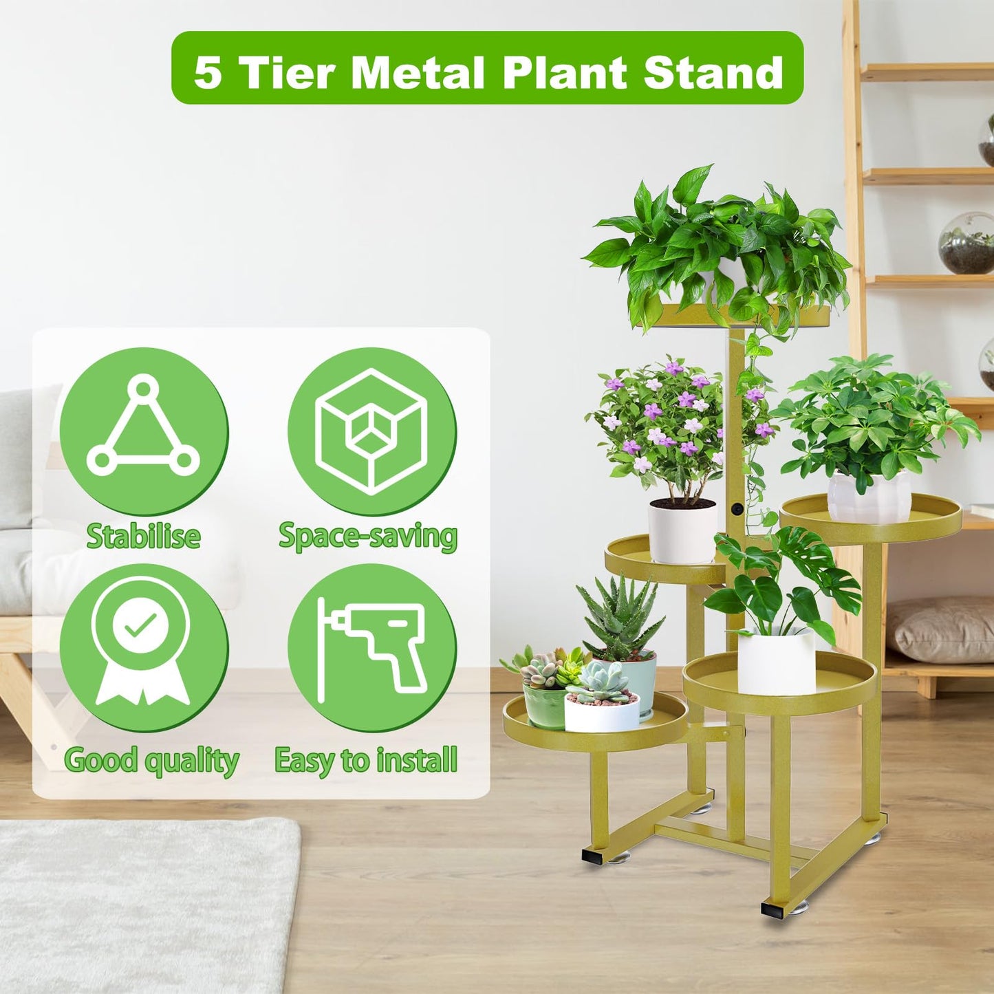 jsyonii Plant Stand for Indoor Outdoor Set of 2, 5 Tier Plant Stand, Metal Corner Plant Shelf Flower Holder Rack for Patio Porch Garden Balcony, Black, Gold