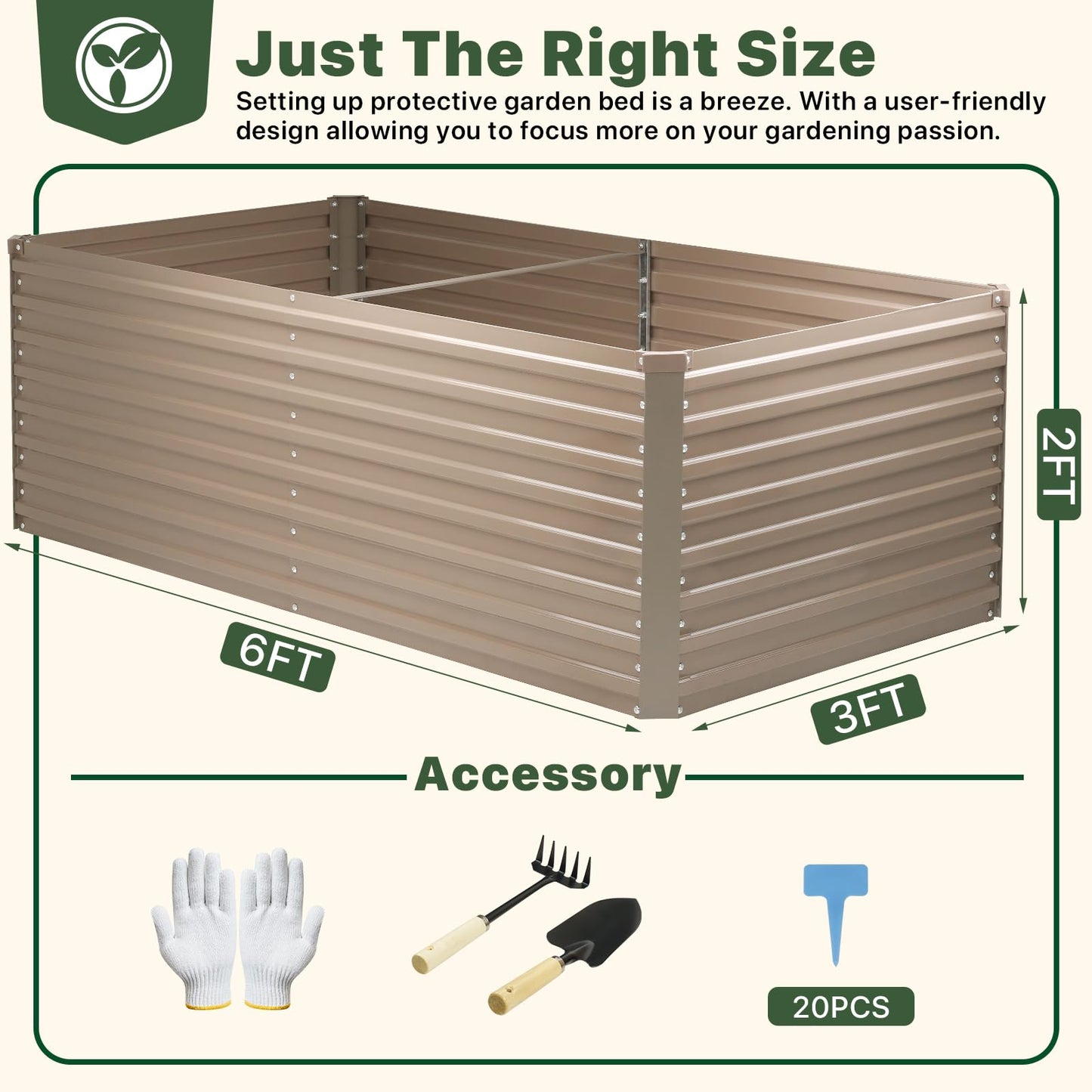 DTIG Galvanized Raised Garden Bed for Vegetables Flowers Herbs, Tall Metal Raised Garden Bed Kit with Garden Tools, Gloves, Plant Labels, Brown 6×3×2FT