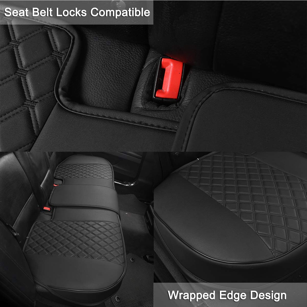 Black Panther PU Leather Rear Bench Car Seat Cover Protector Fits 90% of 4-dr Vehicles for Seat Bottom Only (Not for Pickup Truck and Large SUV), Diamond-Quilted - Black