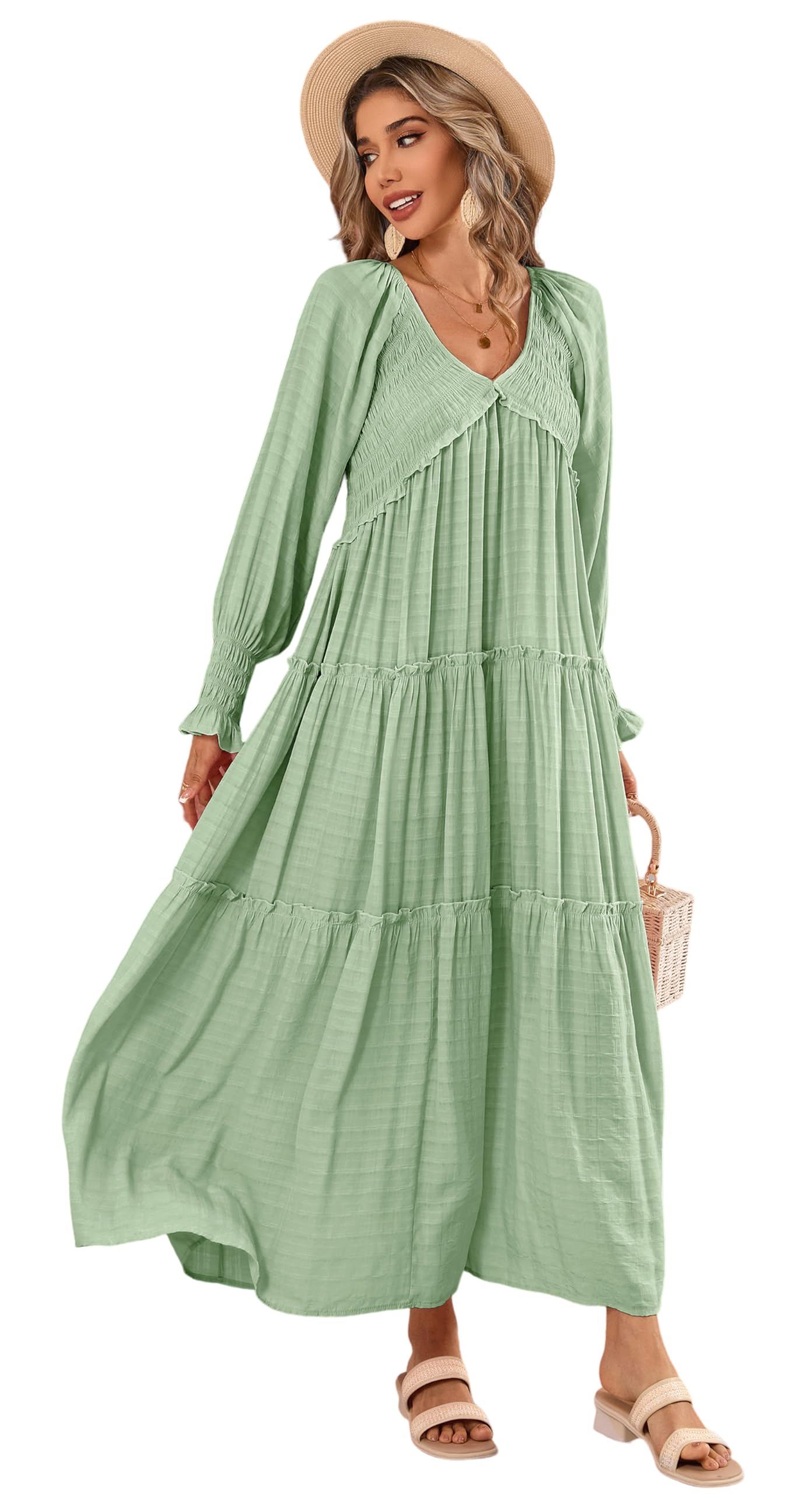 R.Vivimos Maxi Dress for Women Long Sleeve V Neck Empire Waist Layered Ruffle Boho Casual Flowy Long Dresses