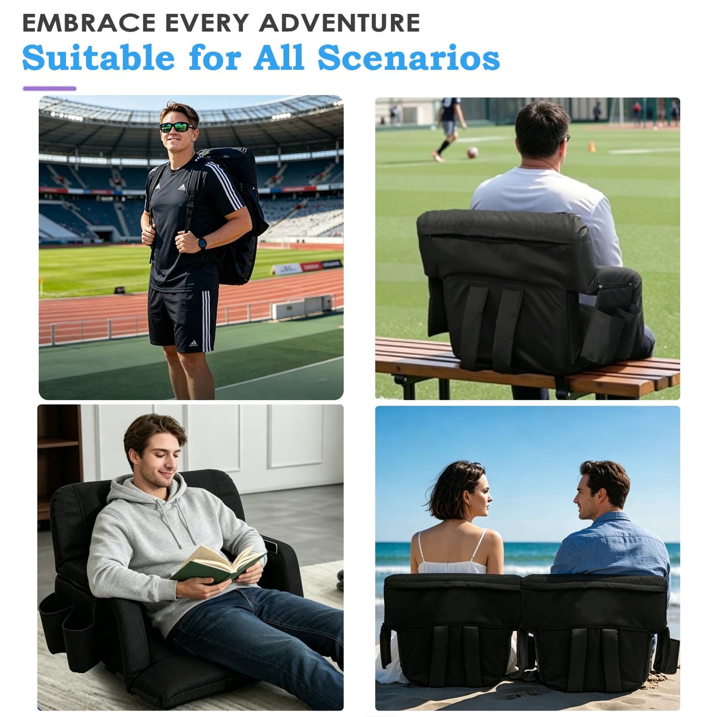 Stadium Seats with Back Support 2 Pack, 4.3" Thick Extra Wide Comfy Cushion 6 Adjustable Angle Bleacher Seat with Armrest, "Sofa Style" Design, Ultra-Strong Steel Frame, Multiple Pockets (Black, 25")
