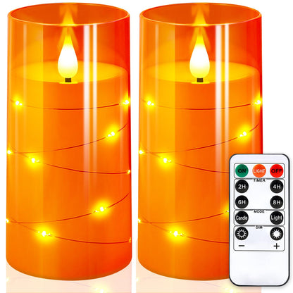 NURADA 3"x6"Flickering Flameless Candles: Built-in Star String Lights 3D Wick Battery Operated LED Pillar Candles with Remote and Timer for Halloween Thanksgiving Dinner Tables Home Fall Decor Orange