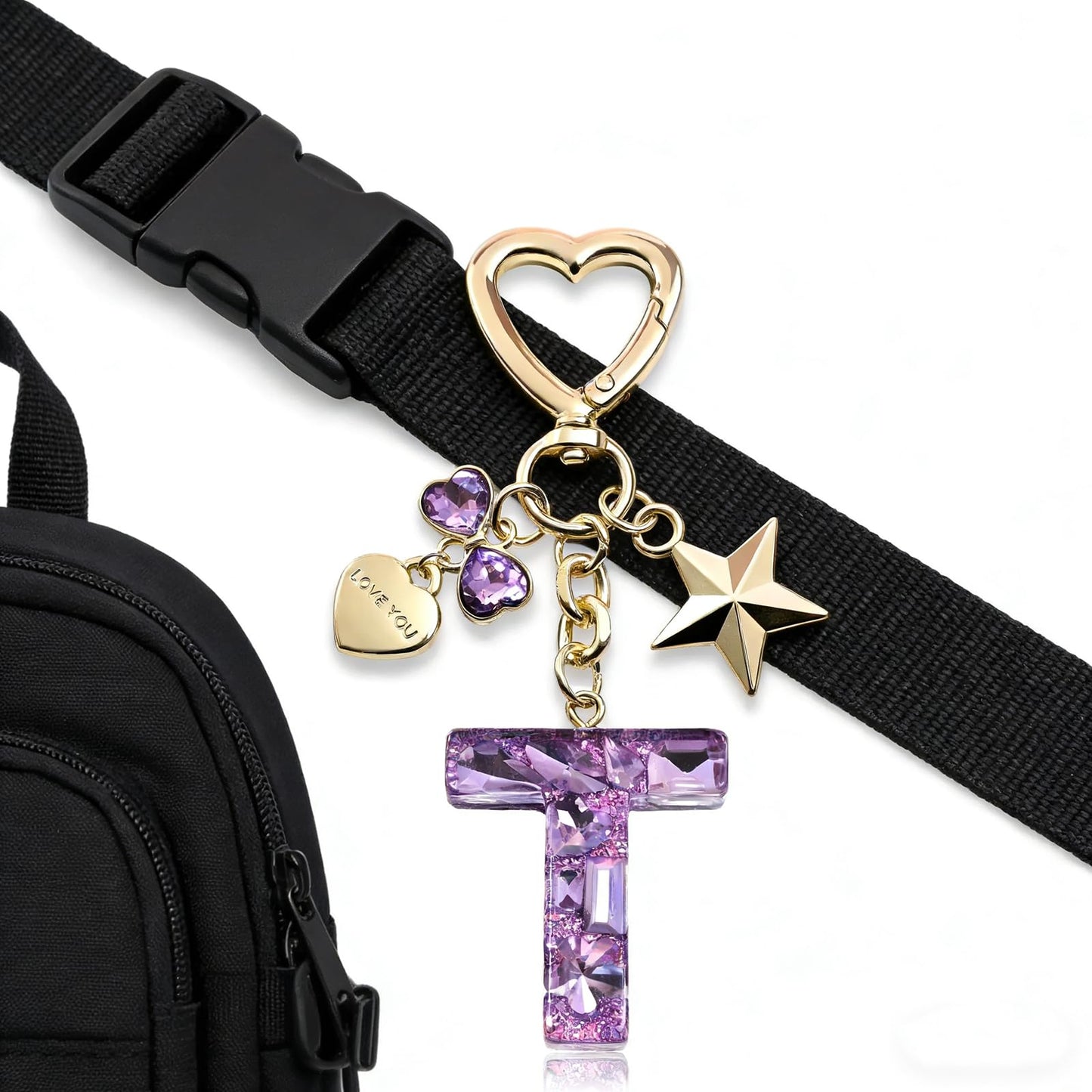 NIUYIBAO Crystal Letter Keychain with Heart Clasp, Gold Star and Heart Charms, Purple1.46 x 4.33 Inches (T)