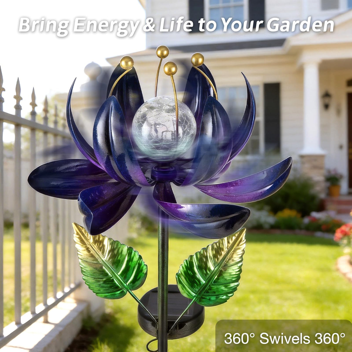 AIINY Solar Purple Metal Flower Wind Spinners, Colorful Spinning Windmill Lotus Yard Art Lights with LED Crystal Ball Decorative Stake Lighting Flower Sculpture
