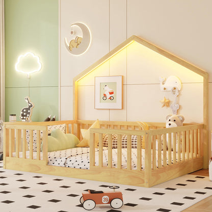 KEIKI Full House Shaped Floor Bed, Kids Montessori Platform Bed Frame with Light & Tall Rails, Solid Beds Frames Full-Size for Boys Girls Bedroom, No Box Spring Needed, Easy Assembly, Brown