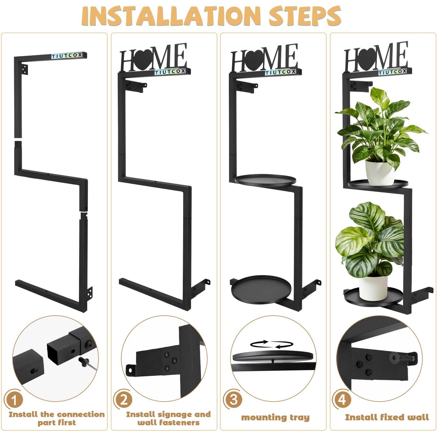TIUTCOX Wall Plant Holder Metal, Plant Frames Wall Decor, Wall Plant Stands for Indoor&Outdoor with Letters HOME Decor, 2 Round Flower Pot Trays, 12*7.87*34.33 Inch, Black