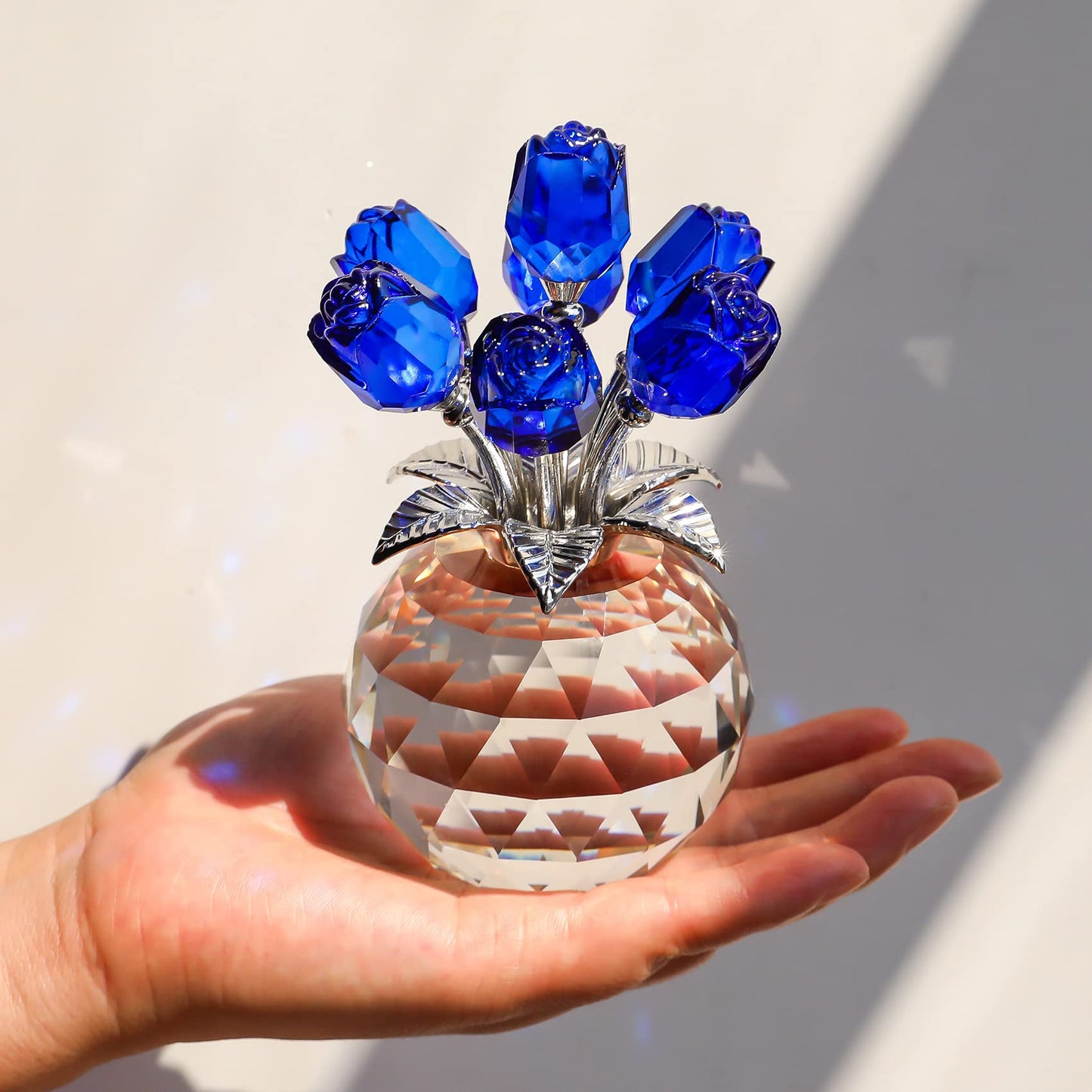Blue Rose Flower Crystal Figurine with Vase, Bouquet Flowers Ornament Gifts for Wife Girlfriend Women , Handmade Crystal Flower Collectible Home Table Decor for Valentine's Day Wedding Anniversary