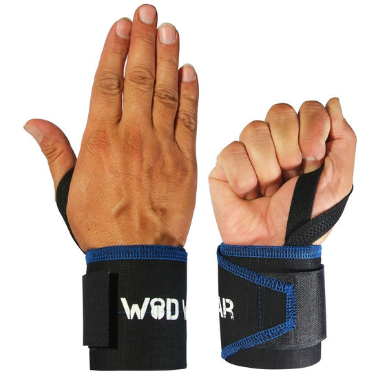 WOD Wear Wrist Wraps with Thumb Loop for Powerlifting, Strength Training, Bodybuilding, Cross Training, Olympic Weightlifting, Yoga - One Size Fits All (Black/Blue Stitch)
