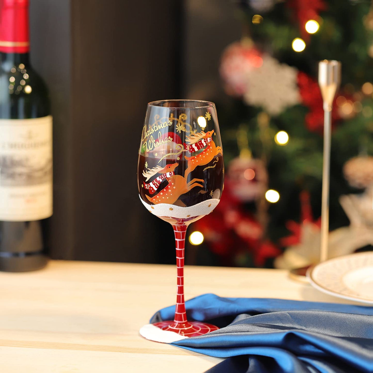NymphFable Hand Painted Wine Glass 15oz Santa Claus Christmas Elk Deer Snowflake Xmas Christmas Gift for Family Friend（1 piece）