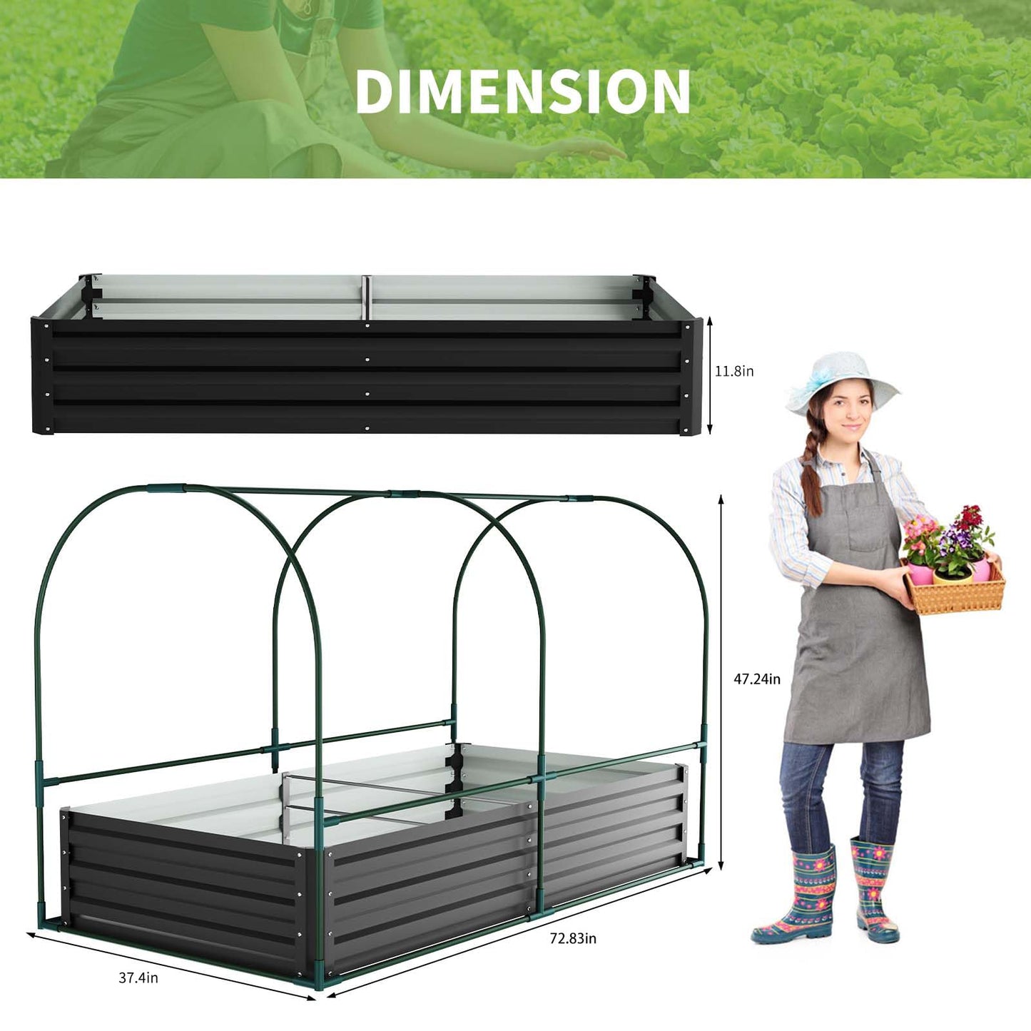 DoCred Galvanized Raised Garden Bed with PVC Cover, 72.8" x 37.4" x 47.2" Metal Planter Bottomless Box w/ Roll-Up Window, Mini Greenhouse Tent for Outdoor Growing Vegetables Flower Fruit