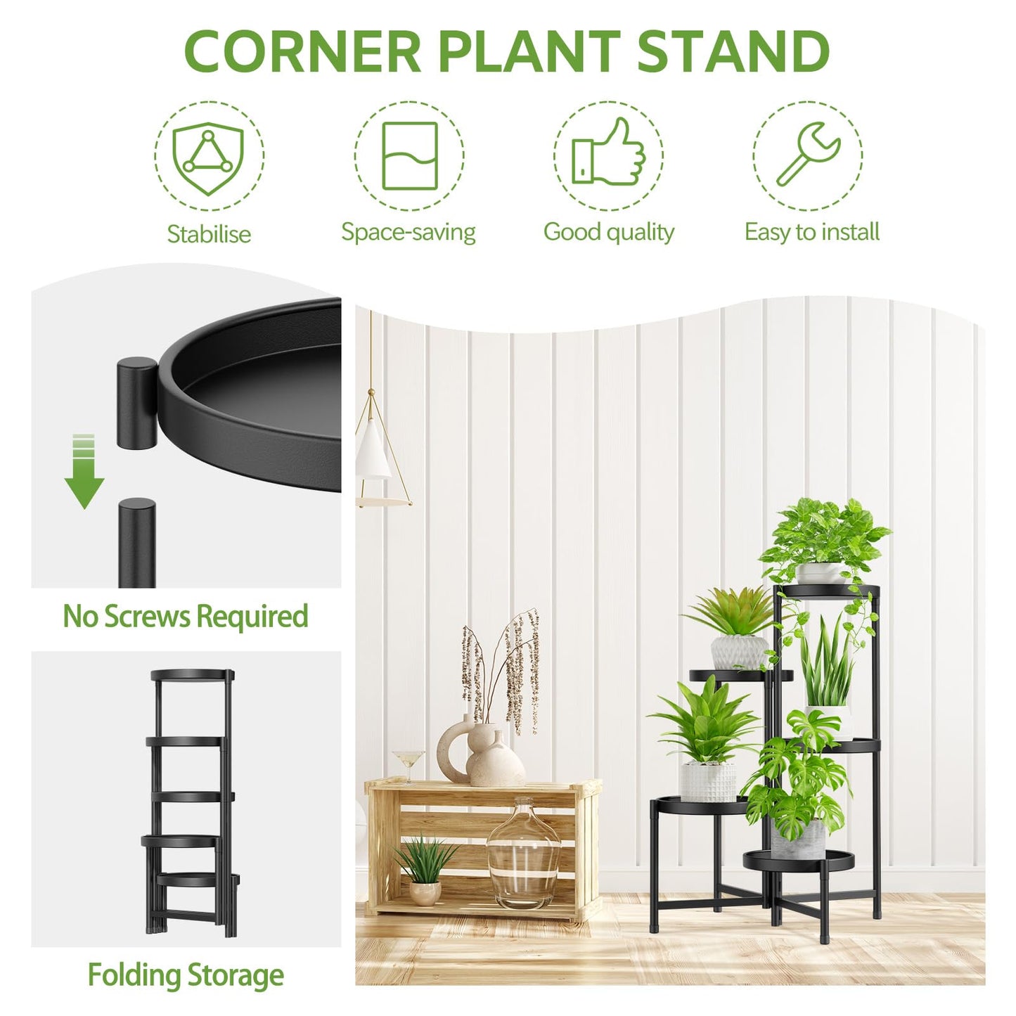 iDavosic.ly 5 Tier Large Plant Stand Indoor with 10 Inch Wide Tray, Tiered Corner Metal Outdoor Flower Display Holder Shelf, Folding Tall Rack for Patio Porch Living Room, Modern Black