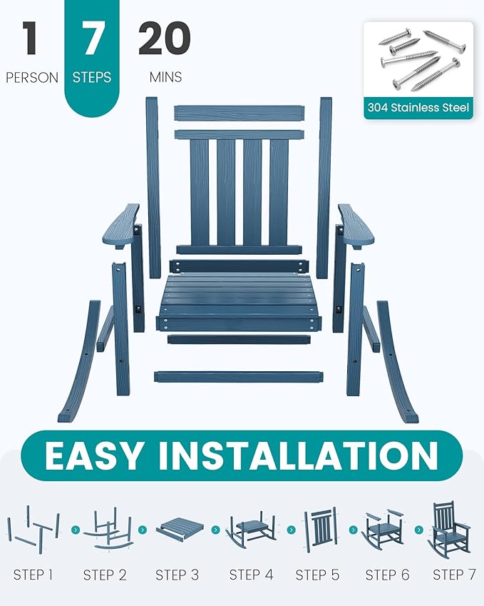 SERWALL Oversized Outdoor Rocking Chair Set of 4, HDPE Rocker for Adults, Patio Rocking Chairs for Porch, Blue