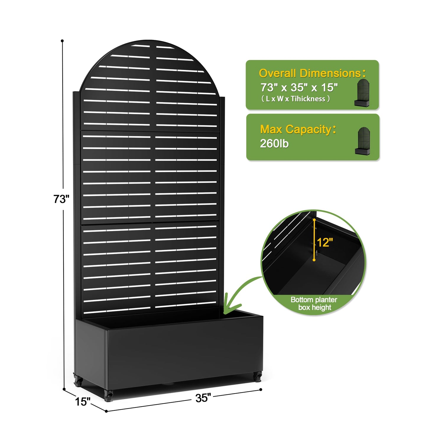 FENCY Metal Raised Garden Bed with Wheels and Trellis,Arched 73"x35"x16" Planter Box for Climbing Plants, Vegetables & Vines, Features Privacy Screen and Drainage Holes (Black-Louvered)