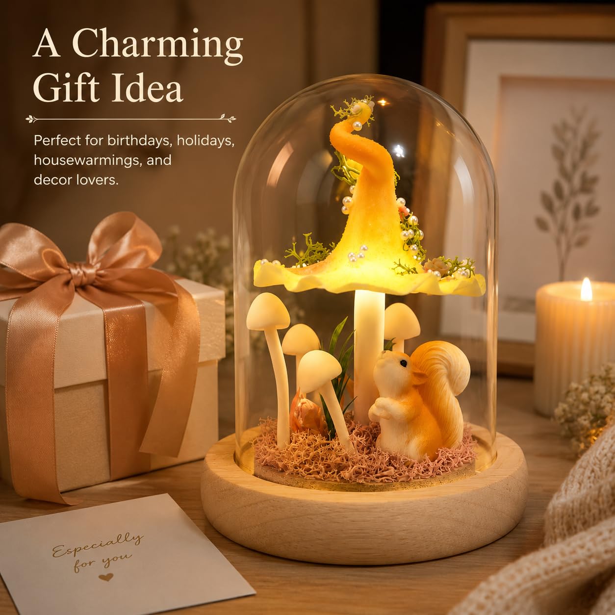 QUELIEN Mushroom Lamp in Glass Dome,Mushroom Gifts for Women - Warm LED Night Light for Bedroom Decor,Birthday Party Decorations,Ideal Birthday Gift Valentines Gift