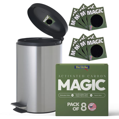 Trash Magic Activated Charcoal Trash Can Odor Eliminator - Peel & Stick Garbage Can Deodorizer - Air Freshener for Fridge, Compost, Drawers & Diaper Pails - Lasts 4 Months - Made in USA (8 Pack)