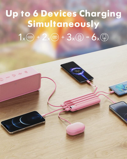 charmast Portable Charger with Built in Cables, Power Bank with Cords Wires, Slim 10000mAh Travel Battery Pack 6 Outputs 3 Inputs 3A Fast Charging for Samsung Google Pixel LG Moto iPhone iPad