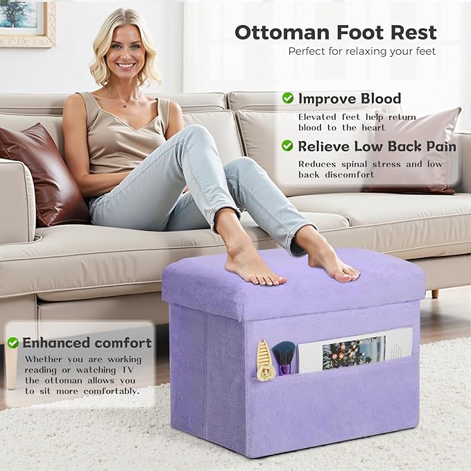 Small Ottoman with Storage, Folding Soft Fur Storage Foot Rest Stool with