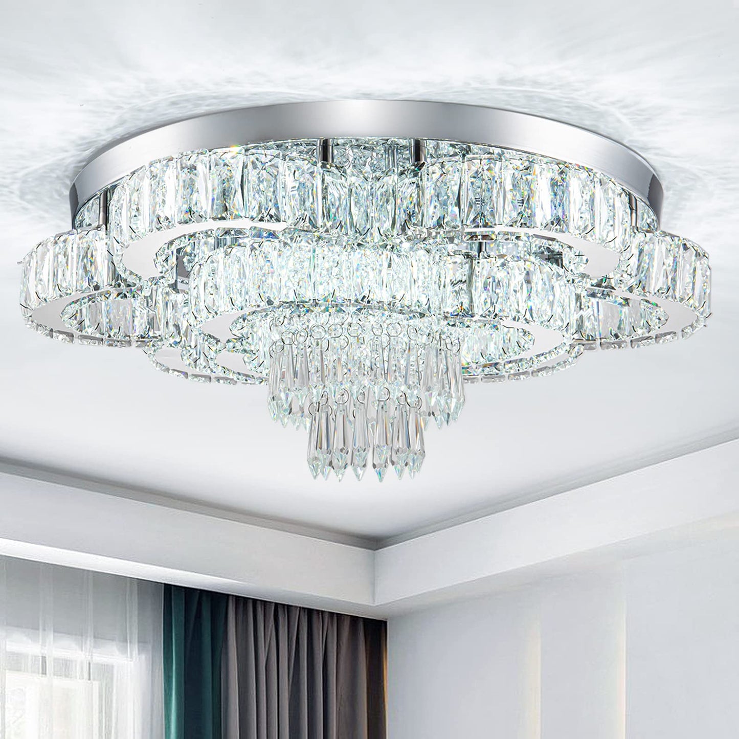 HongnuoFc 21 Inch Crystal Chandelier LED Flush Mount Ceiling Light Fixtures Luxury Chandeliers for Living Room Bathroom Bedroom Entrance Dining Room(Cool White)