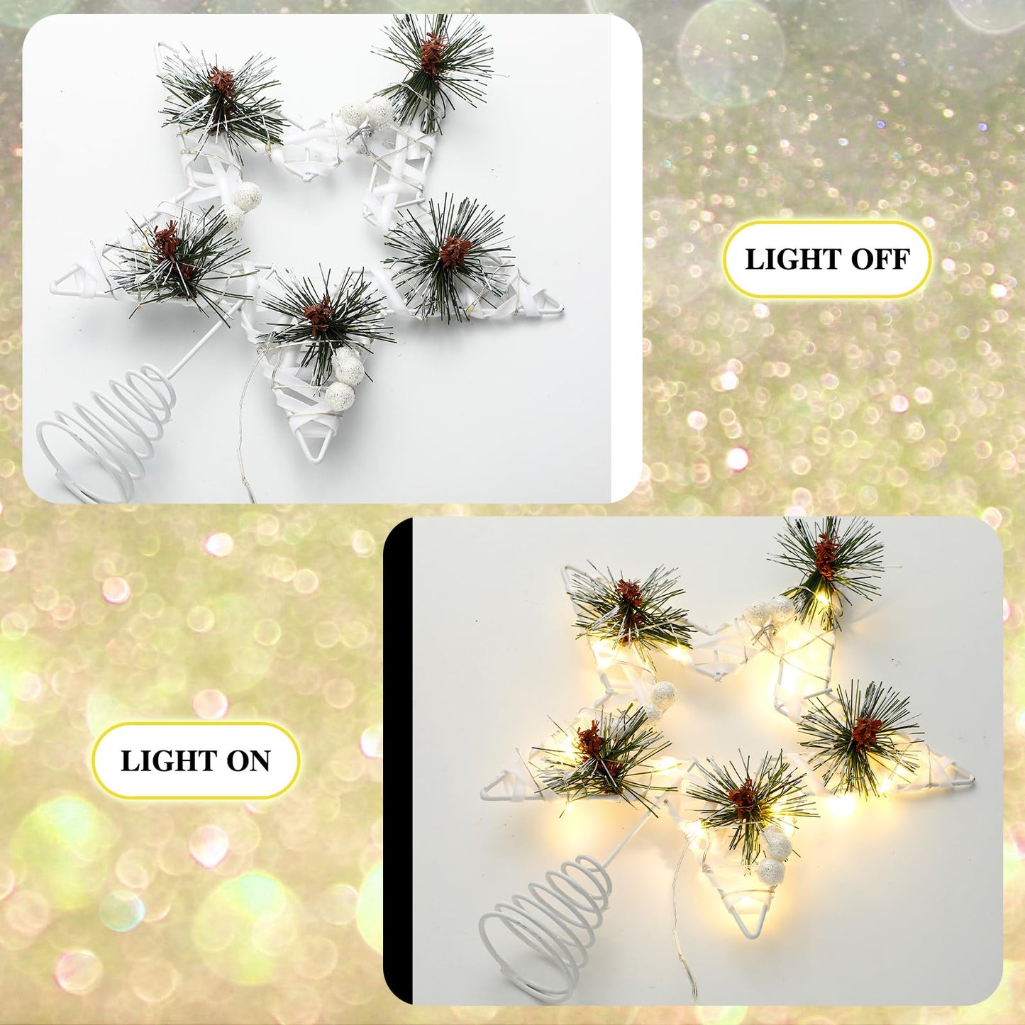 Amyhill White Christmas Star Tree Topper Decor 8 x 11 Inch Farmhouse Rustic Lighted Metal Tree Topper Farmhouse Christmas Ornament for Xmas Holiday Seasonal Decorations