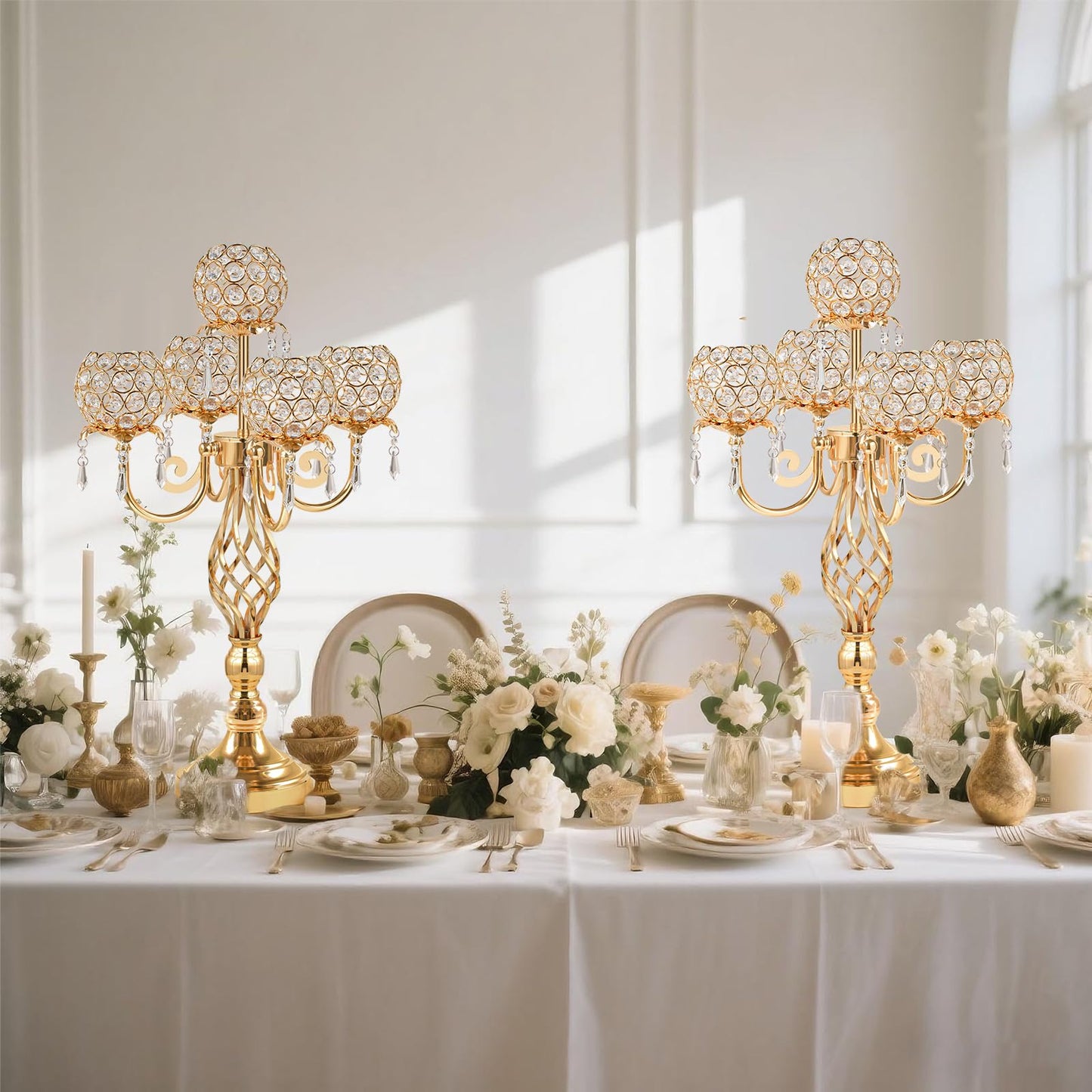 Kehail 5-Arm Crystal Candelabra Centerpiece 23.2" Tall - Elegant Candle Holder Stand with Crystal Bowl, Chic Table Decor for Weddings, Parties, Anniversary & Home Decoration (2, Gold)
