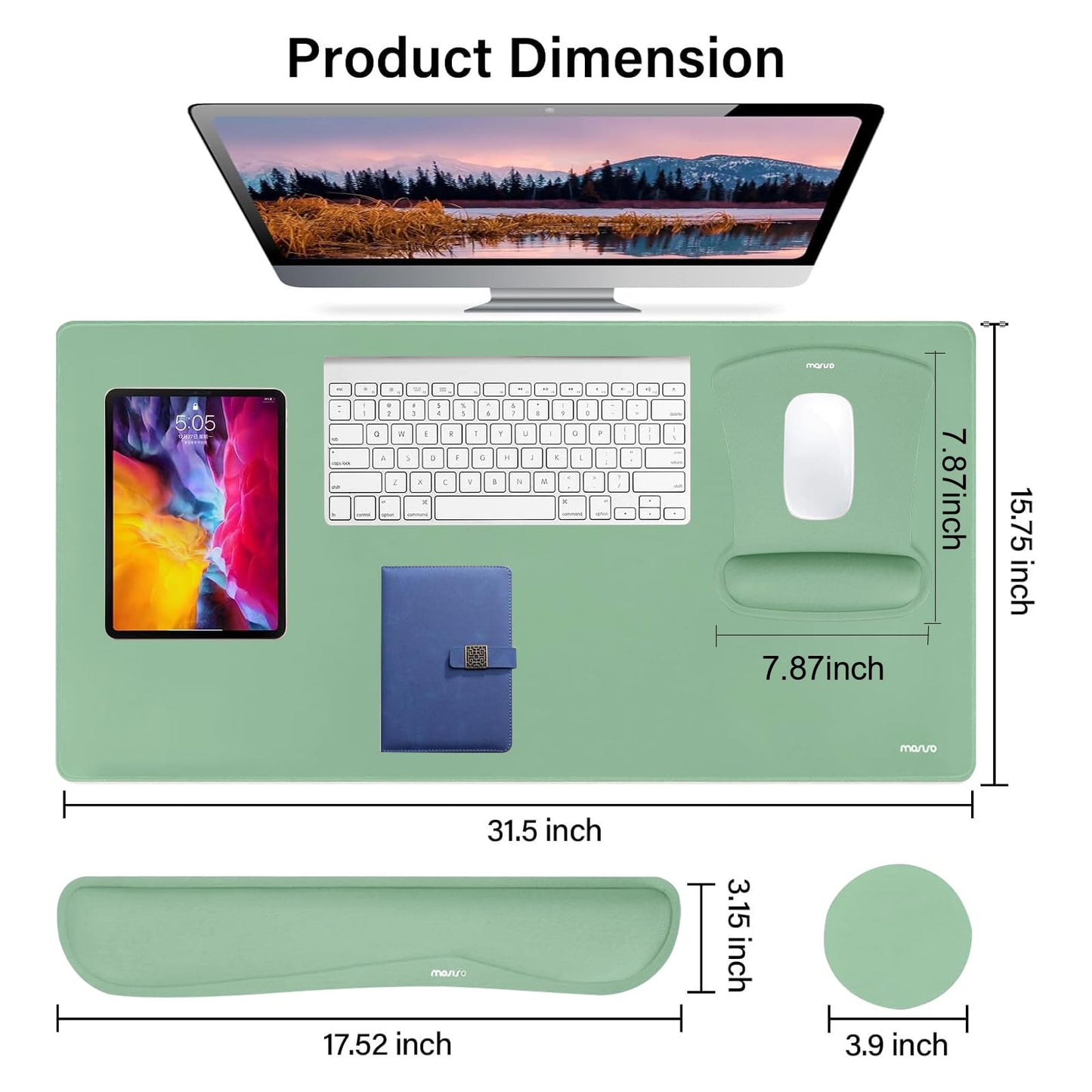 MOSISO Keyboard Mouse Pad Set, Large Gaming Mousepad&Keyboard Wrist Rest&Mouse Wrist Rest&Coaster, Ergonomic Non-Slip Mousepad&Easy Typing Cushion with Memory Foam for Home Office, Emerald Green