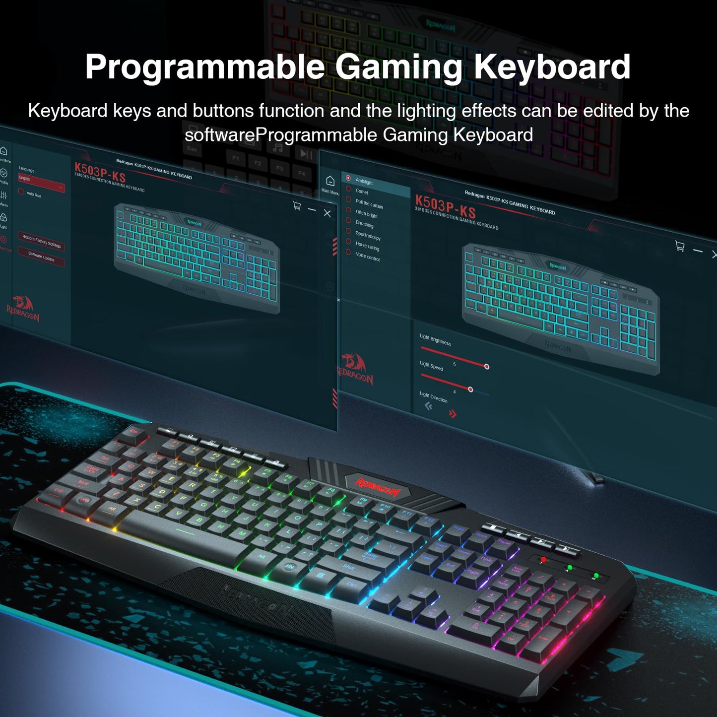 Redragon K521KS Wireless Gaming Keyboard, Tri-Mode BT/2.4G/USB-C RGB Mechanical Feeling Keyboard with Multimedia Keys, 4000mAh Battery, Anti-Ghosting, Compatible with PC - Upgrade