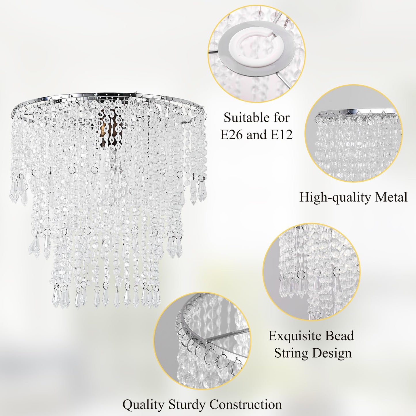 SEEYUAN Acrylic Chandelier Shade Modern Ceiling Light Shade Beaded Pendant Lampshade with Acrylic Beads and Chrome Frame Diameter 11.81 inches
