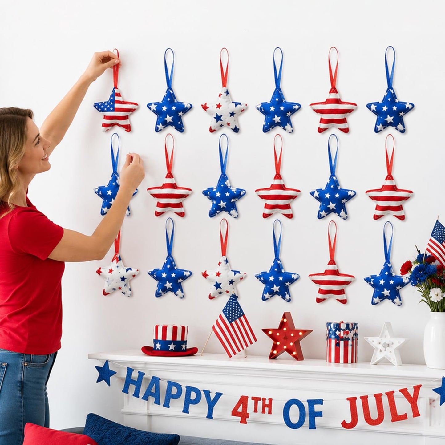 Whaline 16 Pcs Patriotic Felt Ornaments 4th of July Decoration Red Blue Star American Flag Hanging Ornaments for 250th Anniversary Independence Day Party Tree Decor DIY Crafts Supplies