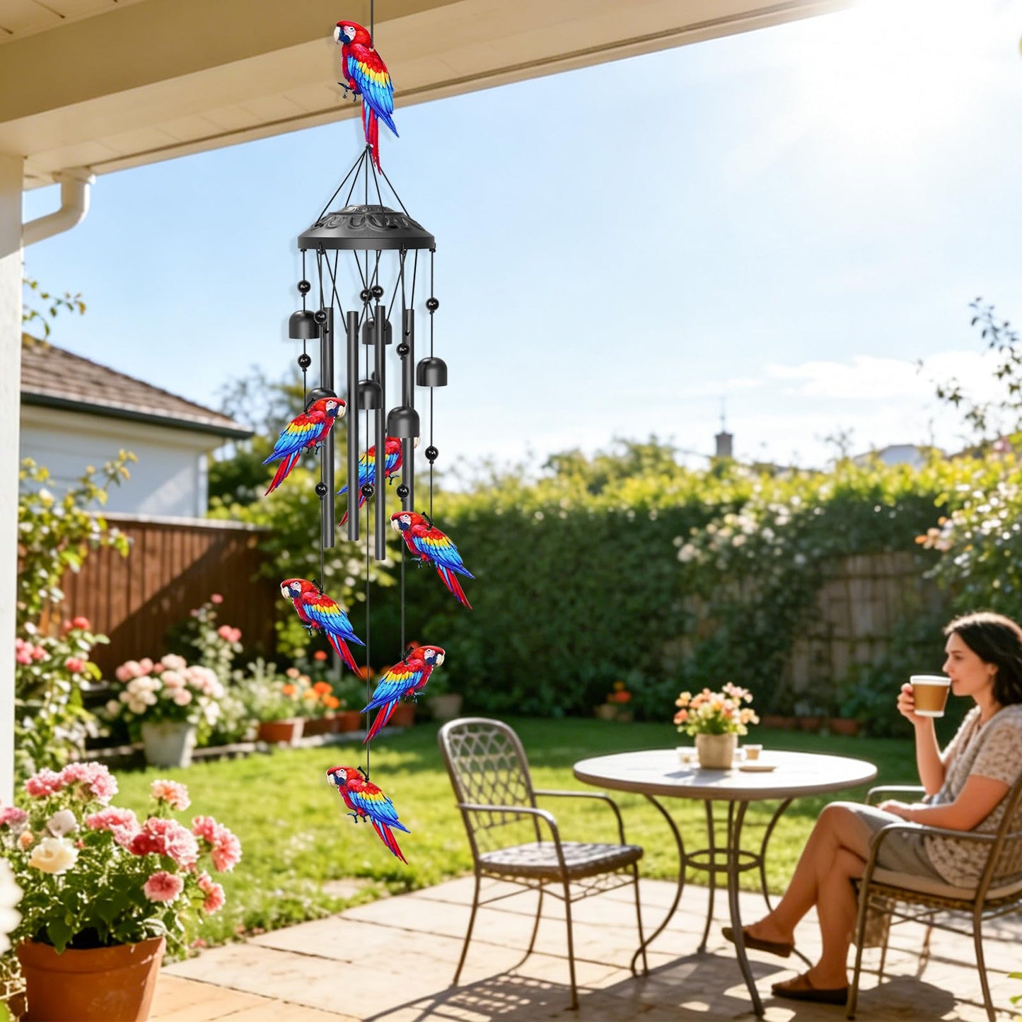 VeyFolzin.st 35" Wind Chimes for Outside, Hand-Tuned Aluminum Windchimes with 6 Bells & Parrot Decor, Rustproof Metal Chimes for Garden Patio Porch, Sympathy Memorial Gift for Mom Women(Parrot)