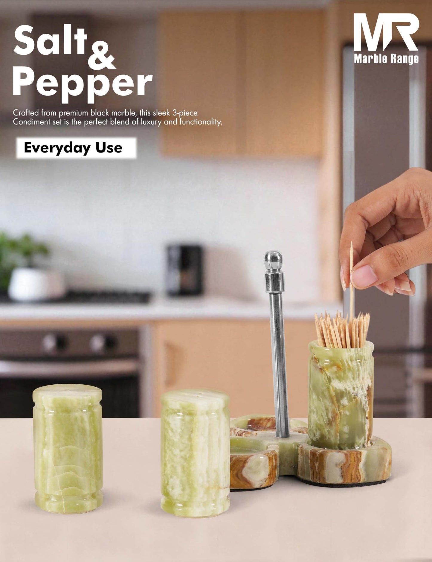 Marble Salt and Pepper Shakers Set of 3 – Handmade Green Onyx 0.8 oz Salt & Pepper Dispenser with Tray, Modern Tabletop Seasoning Set for Kitchen Countertop & Dining Decor, Easy Refill