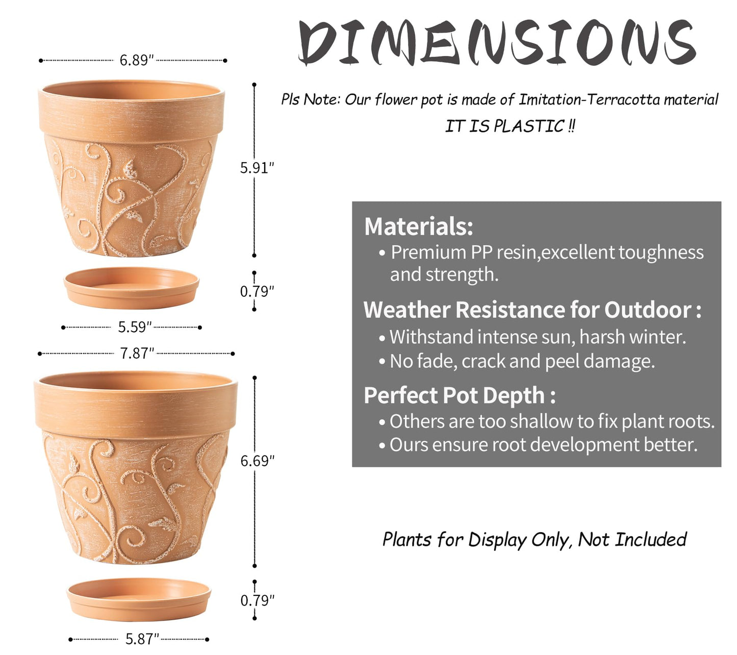 Melphoe Plant Pots Indoor with Drainage & Saucer, 2Pack 7/8 inch Flower Pots Outdoor Planters for Indoor Plants Garden Home Decor Cactus Succulent, Rigid Plastic (Imitation-Terracotta) Vine-Embossed