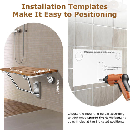28" Wall Mounted Folding Shower Seat with Stainless Steel Bracket, Structural Stability, 500 lb Capacity, Space-Saving, Teak Shower Bench for Elderly, Disabled, Pregnant Women, Kids