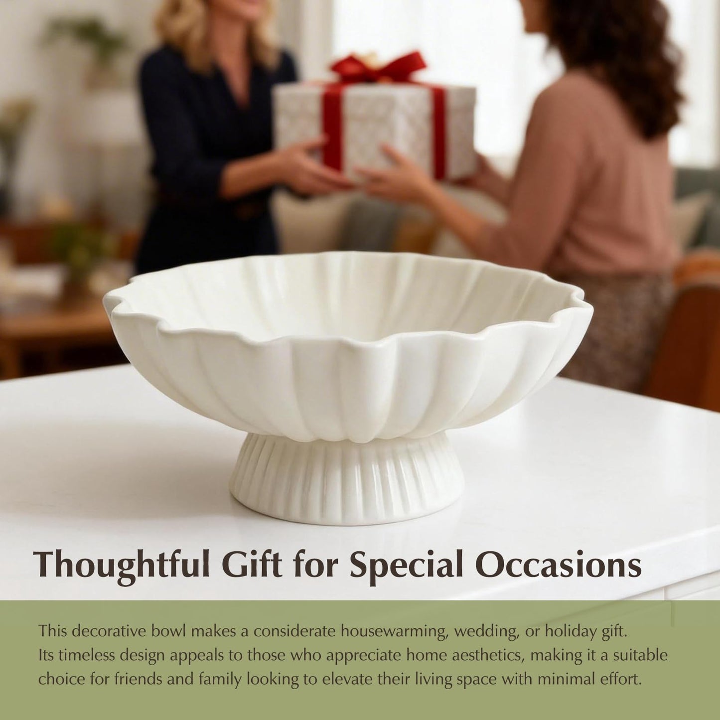 White Pedestal Fruit Bowl for Kitchen Counter, 9-Inch Ceramic Centerpiece Bowl with Fluted Texture, Modern Farmhouse Coffee Table Decor for Dining Table,Entryway Key Bowl, HouseWarming Gift