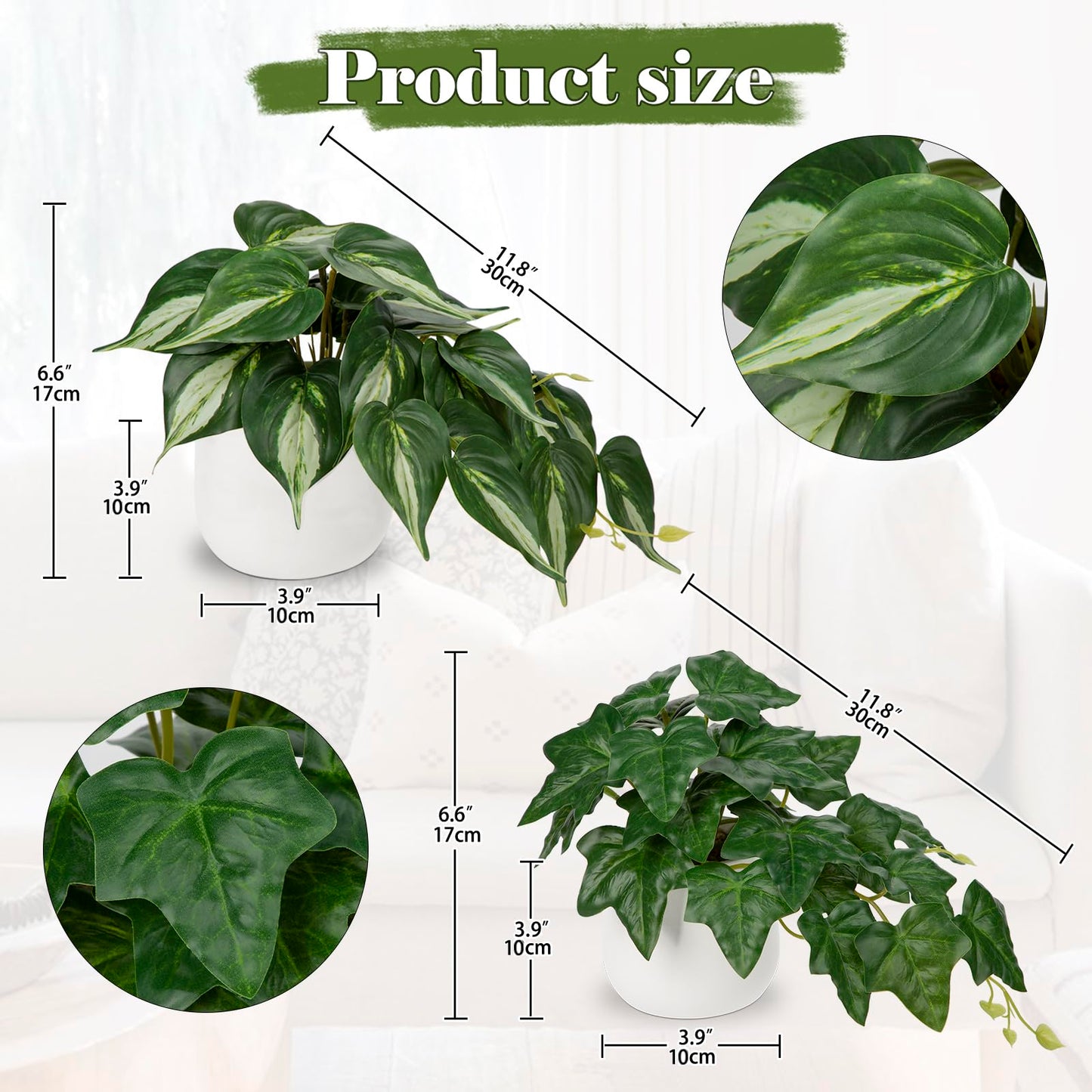 GnFlus Fake Plants Set of 2 Artificial Plants Faux Ivy Pothos with White Ceramic Pots Fake Potted Plants Artificial Decor for Home Bathroom Shelf Desk Indoor