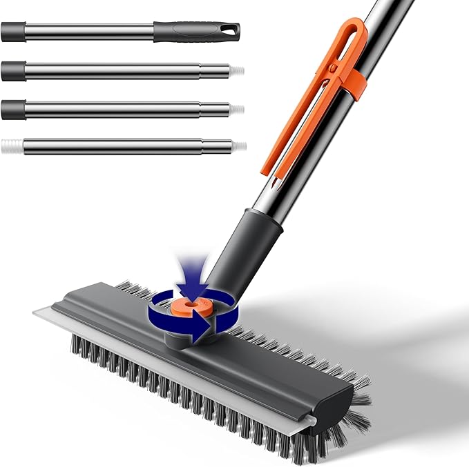 Small Floor Scrub Brush with Length Adjustable Long Handle, 3 in 1 Heavy-Duty