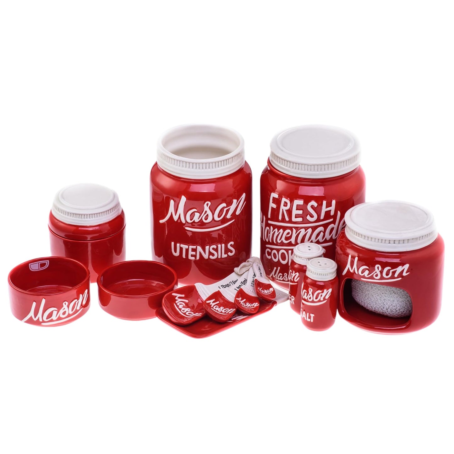 Mason Jar Ceramic Canister Set, Farmhouse Canisters Sets for the Kitchen Decor, Utensil Holder, Spoon Rest, Cookie Jar, Salt & Pepper Shaker, Sponge Holder, Measuring Cups & Spoons (Red, 17-Pc Bundle)
