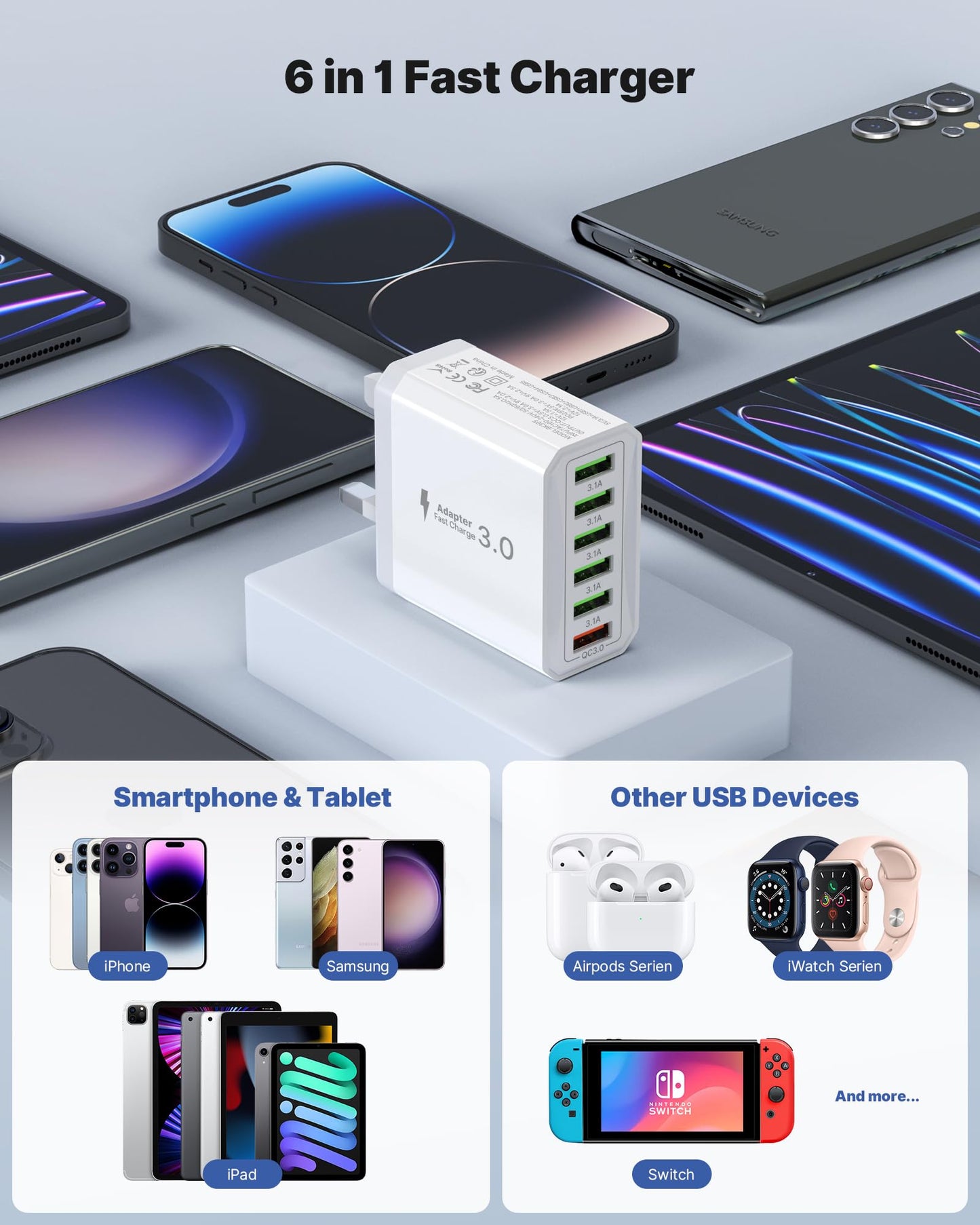 Tupneuf 33W USB Plug Fast Charge, 6-Port Multi Charger Plug UK Charging Power Adapter Multiple Quick Charge 3.0 Wall Mains Plug for iPhone 16 15 14 13 12 11 Pro Max X XR XS 8 7 6 6S Plus 5 5S SE, iPad
