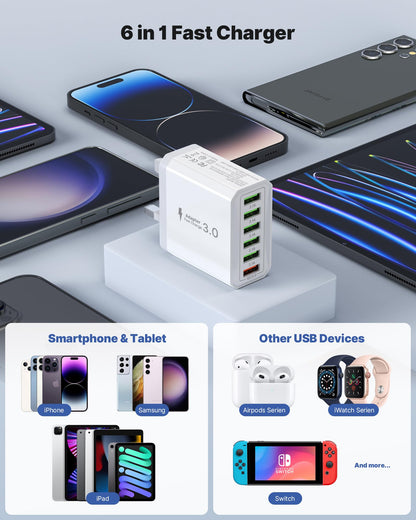 Tupneuf 33W USB Plug Fast Charge, 6-Port Multi Charger Plug UK Charging Power Adapter Multiple Quick Charge 3.0 Wall Mains Plug for iPhone 16 15 14 13 12 11 Pro Max X XR XS 8 7 6 6S Plus 5 5S SE, iPad