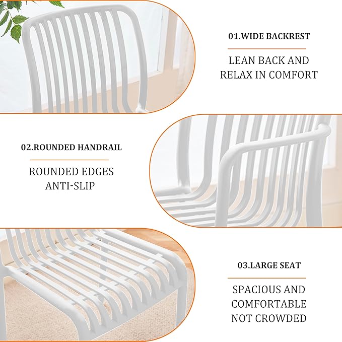 Patio Dining Chairs Set of 4, All-Weather Outdoor and Indoor Stackable Chairs with Curved Back, Waterproof for Patio, Deck, Porch, Backyard, Restaurant & Cafe Use, White