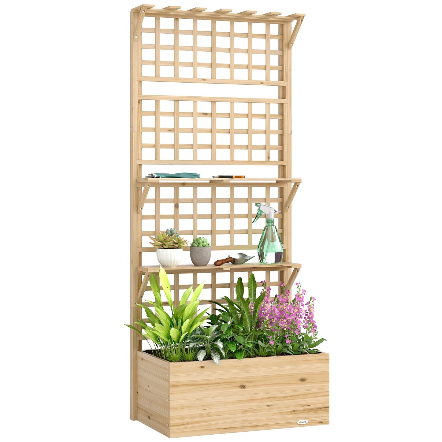 Outsunny Wooden Raised Garden Bed with Trellis and Roof, Elevated Outdoor Planter Box with 2 Shelves, Drainage Hole and Liner for Climbing Plants Vegetables Flowers, Natural