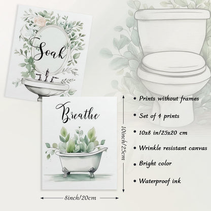 Dazzlewall 4pcs Relax Unwind Breath Soak Wall Decor, Minimalist Sage Green Leaves Bathroom Bathtub Washbasin Toilet Wall Art Poster, 8x10 in Unframed